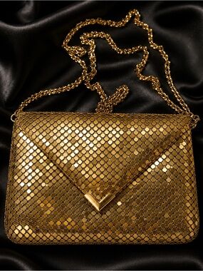 She’s Sassy Gold Mesh Evening Bag Long Chain Vintage Style 13×17